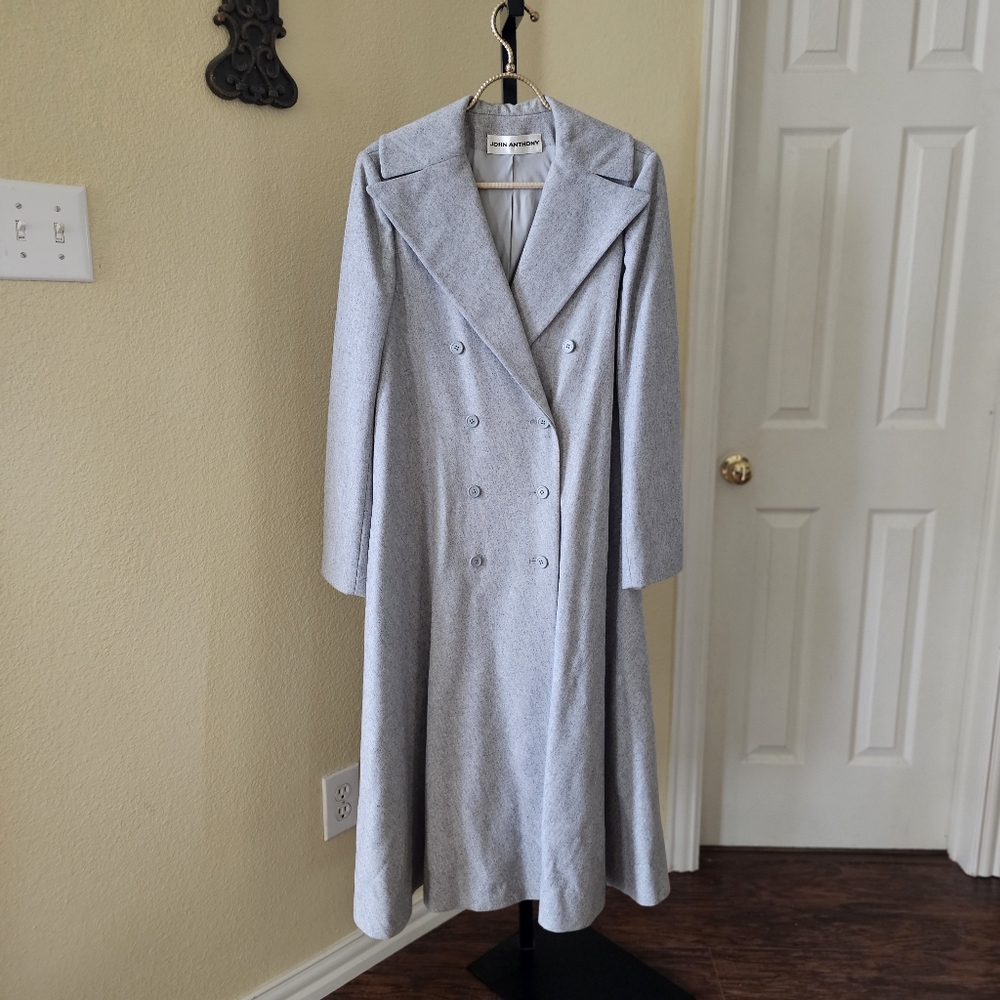John Anthony Vintage Double Breasted Gray Wool Trench Coat Size 8